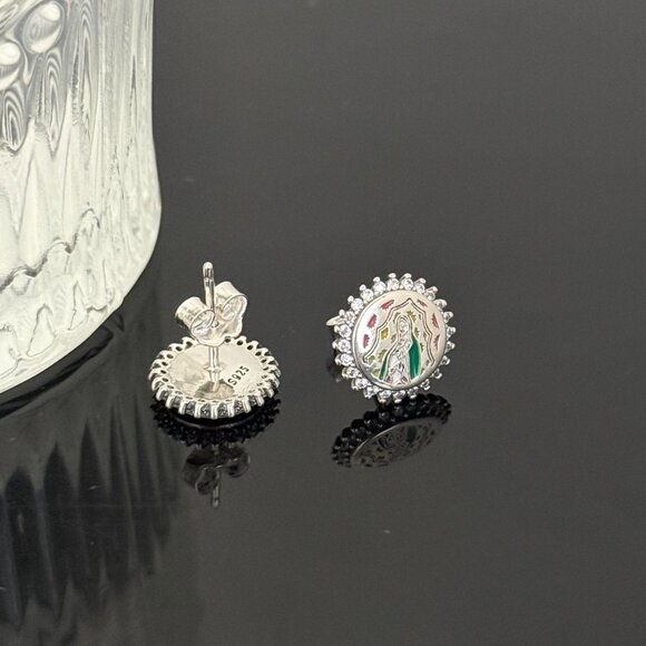 Virgin of GUADALUPE Bling Earrings S925 Sterling Silver Handmade Ear Stud - Picture 2 of 3